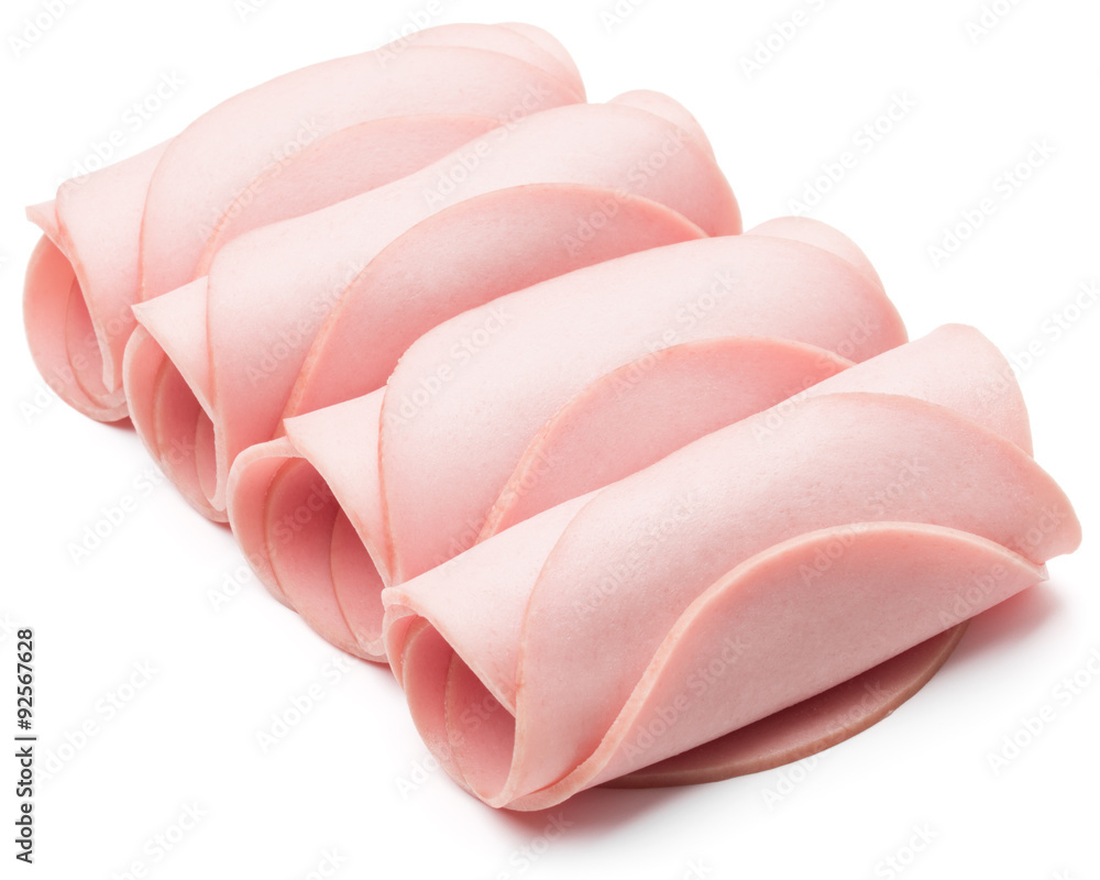 cooked boiled ham sausage or rolled bologna slices isolated on w cooked boiled ham sausage or rolled bologna slices isolated on w