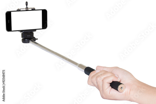 hand holding phone selfie stick isolated with clipping path