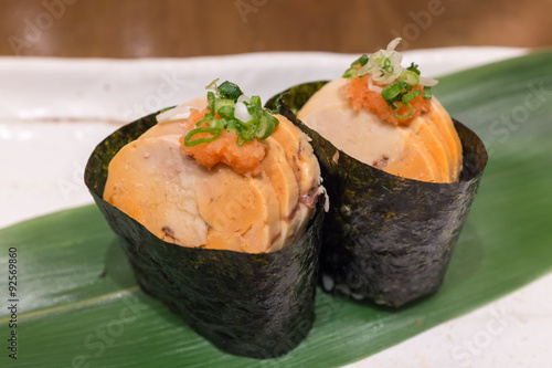 Japanese Ankimo sushi wrap with dried seaweed