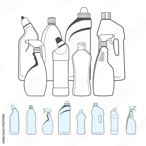 Bottles of Cleaning Products in Outline Style