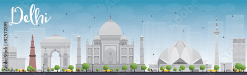 Delhi skyline with grey landmarks and blue sky