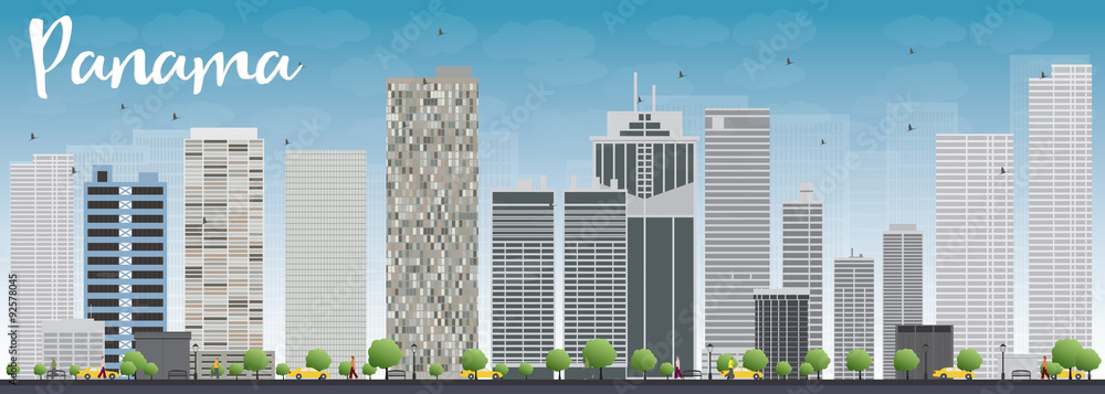 Panama City skyline with grey skyscrapers and blue sky Panama City skyline with grey skyscrapers and blue sky