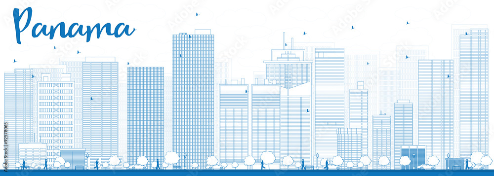 Outline Panama City skyline with blue skyscrapers