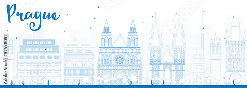 Outline Prague skyline with blue landmarks