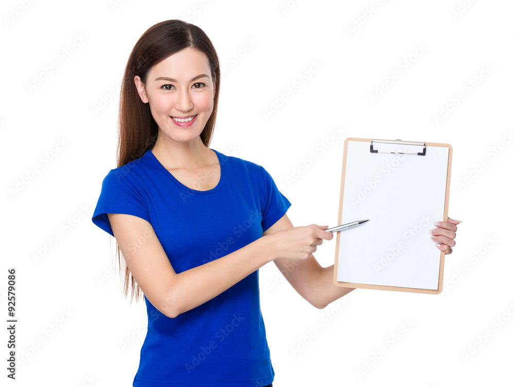 Asian young woman pen point to clipboard