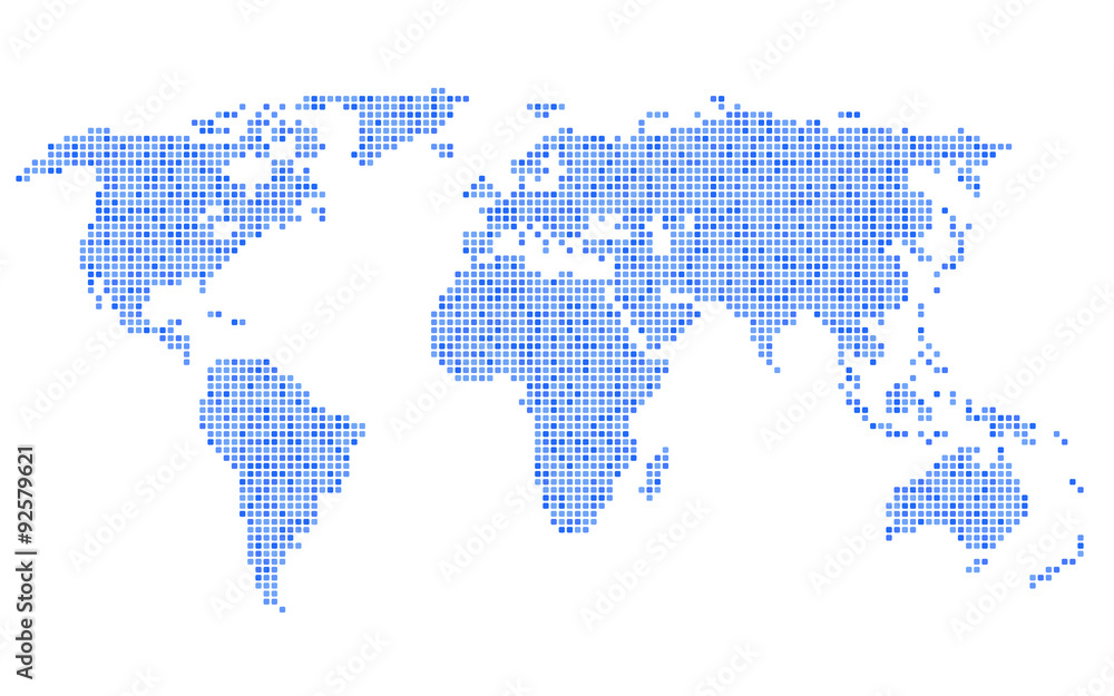 Fototapeta premium Dotted Blue World Map on White Background. Vector