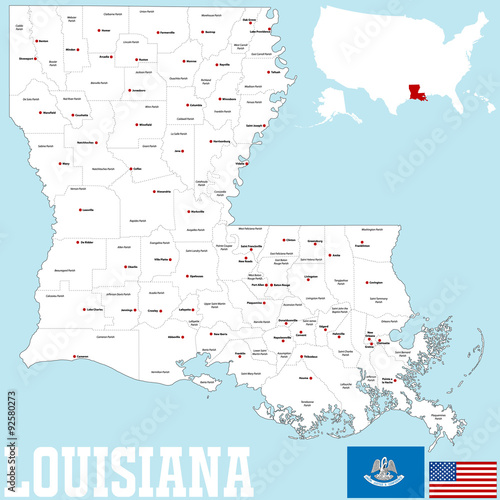 Canvas-taulu A large and detailed map of the State of Louisiana with all counties and county seats