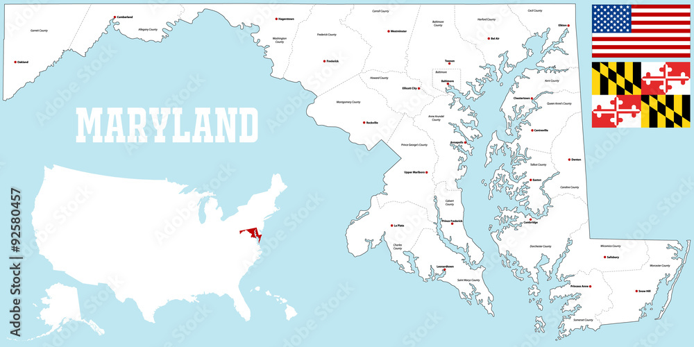 Obraz premium A large and detailed map of the State of Maryland with all counties and county seats.