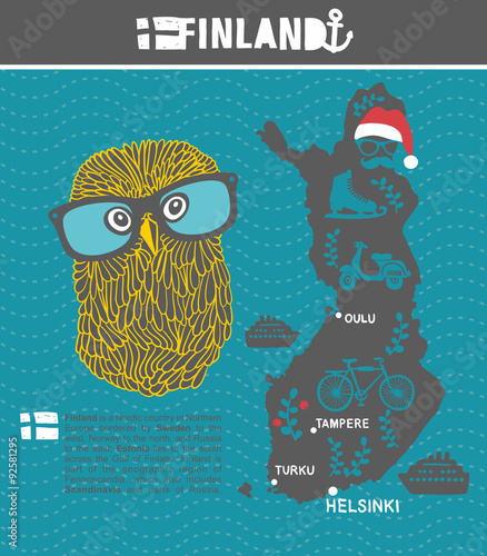 Creative geographic map of Finland - Scandinavian country and clever owl.