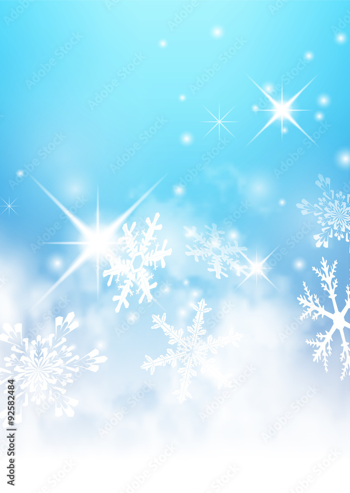 Abstract Light Blue Winter Background with Snowflakes and Starlets. -  Abstrakter Hintergrund - Blauer Himmel, Wolken, Sterne, funkelnd, Schneeflocken, Flocken, Winter, Eis und Schnee.