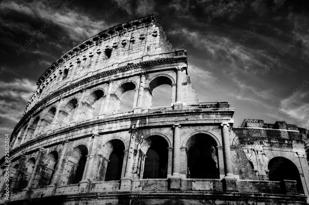 Colosseum in Rome, Italy. Amphitheatre in black and white