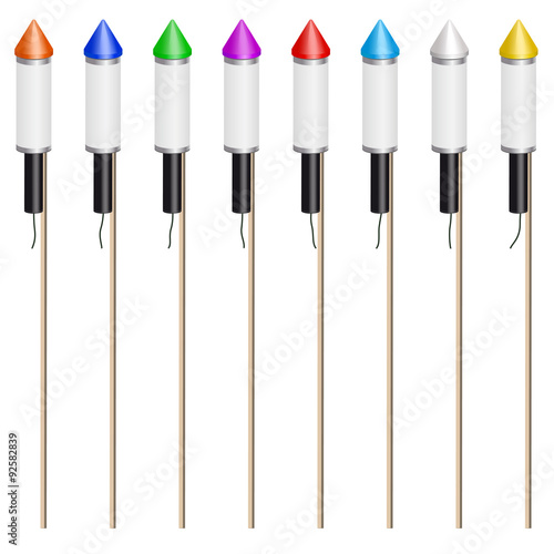 Collection of Colourful Blank Vector Firework Rockets - Set. Silvester, bunte Raketen Silversterraketen Sammlung, Kollektion, Sortiment, Symbole, Icons. Vektor Vorlage. Neujahr.