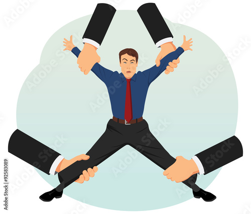 Hands of headhunters are stretching a valuable employee in different directions. Human resources management.