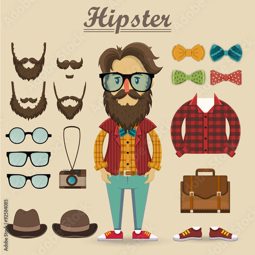 Hipster character and hipster elements, items,
fashion, vector illustration
