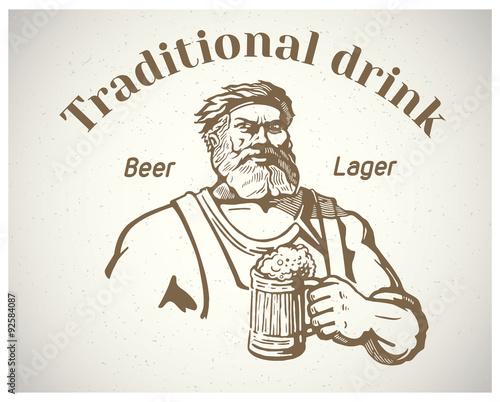 Happy man - craftsman, holding a mug of beer.