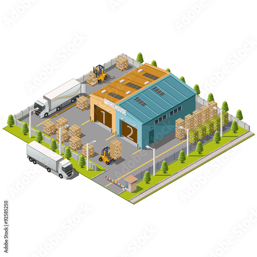 Warehouse Industrial area with seating for loading and unloading, shipping and delivery, transportation and building. Isolated vector 3D isometric concept