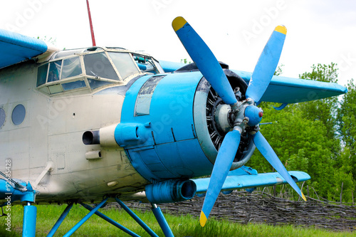 Old retro airplane on green grass 