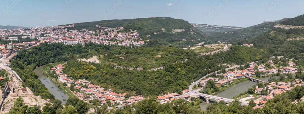Meandering Yantra river flowing through Veliko Tarnovo. Panorama taken from atop Tsarevets Fortress cathedral.