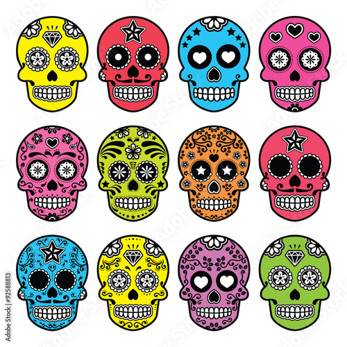 Halloween Mexican sugar skull, Dia de los Muertos icons set 