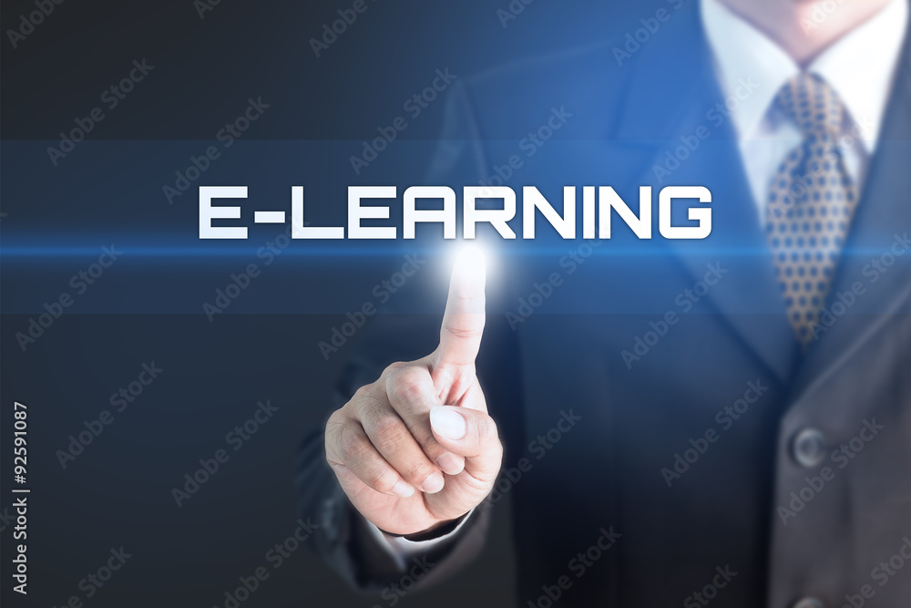 A Businessman holding a white sign with the message E-learning. Can bring to the medium of your ad. A Businessman holding a white sign with the message E-learning. Can bring to the medium of your ad.