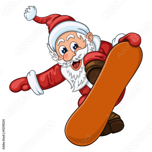 Funny cartoon Santa Claus makes breathtaking jump on snowboard