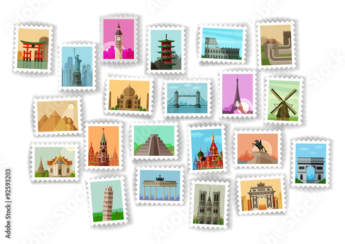 postage stamp. travel icons set