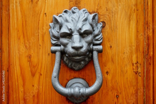 Ornate lion head metal door knocker on a wooden door background