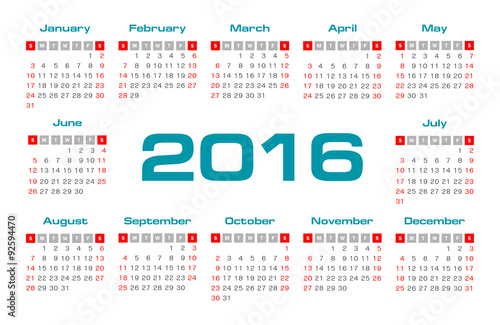 Simple 2016 year vector calendar