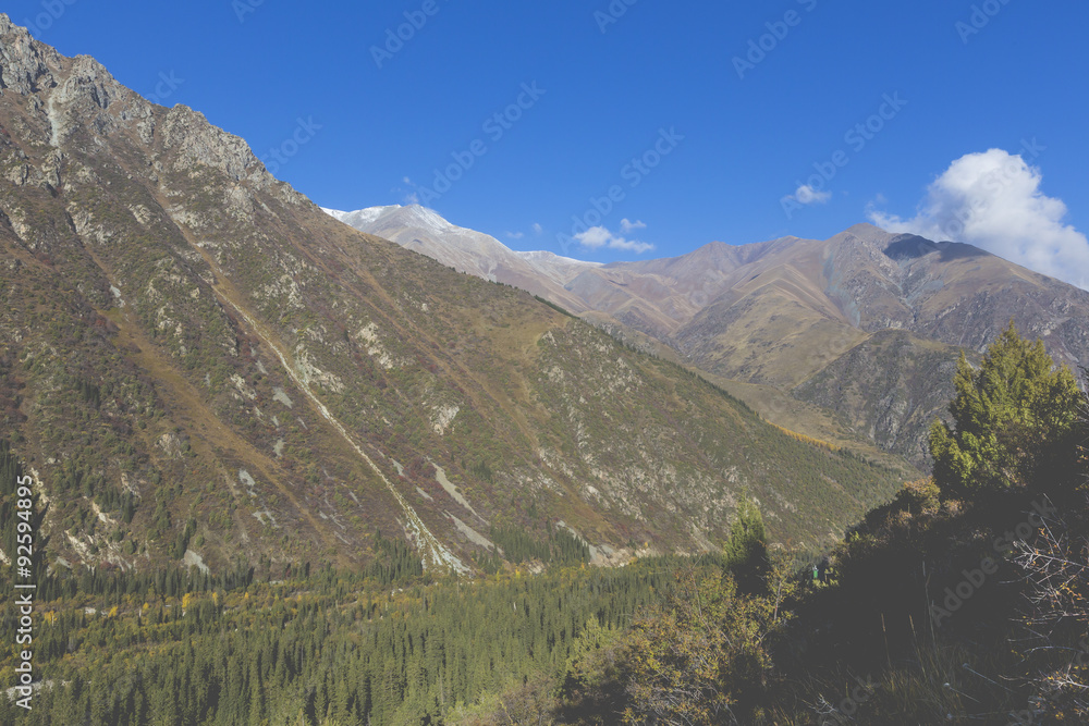 The panorama of mountain landscape of Ala-Archa gorge in the sum