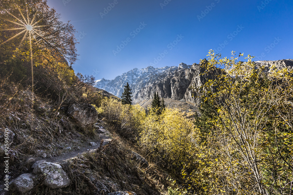 The panorama of mountain landscape of Ala-Archa gorge in the sum The panorama of mountain landscape of Ala-Archa gorge in the sum