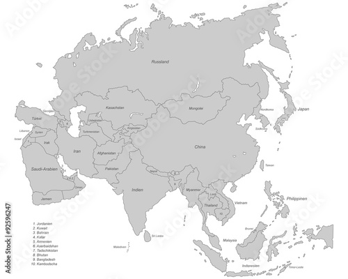 Asien in grau (beschriftet) - Vektor