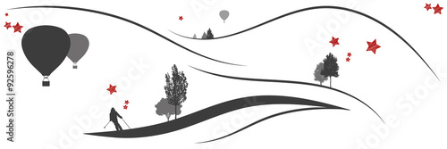 Panorama | Weihnachtliche Berglandschaft mit Skifahrer und Heißluftballons