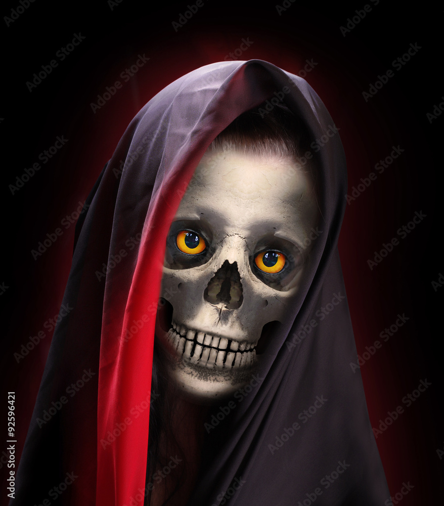 Portrait of death. Skeleton with smiling skull dressed in veil or burka. Portrait of death. Skeleton with smiling skull dressed in veil or burka.
