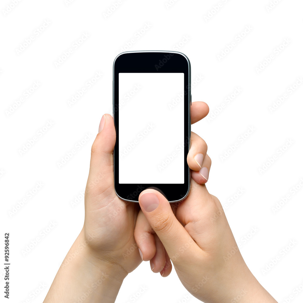 Young woman holding smartphone - isolated on white background Young woman holding smartphone - isolated on white background