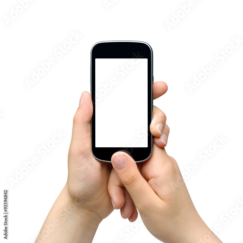 Young woman holding smartphone - isolated on white background