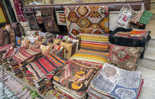 Traditional cushions and carpets in street,Istanbul,Turkey.