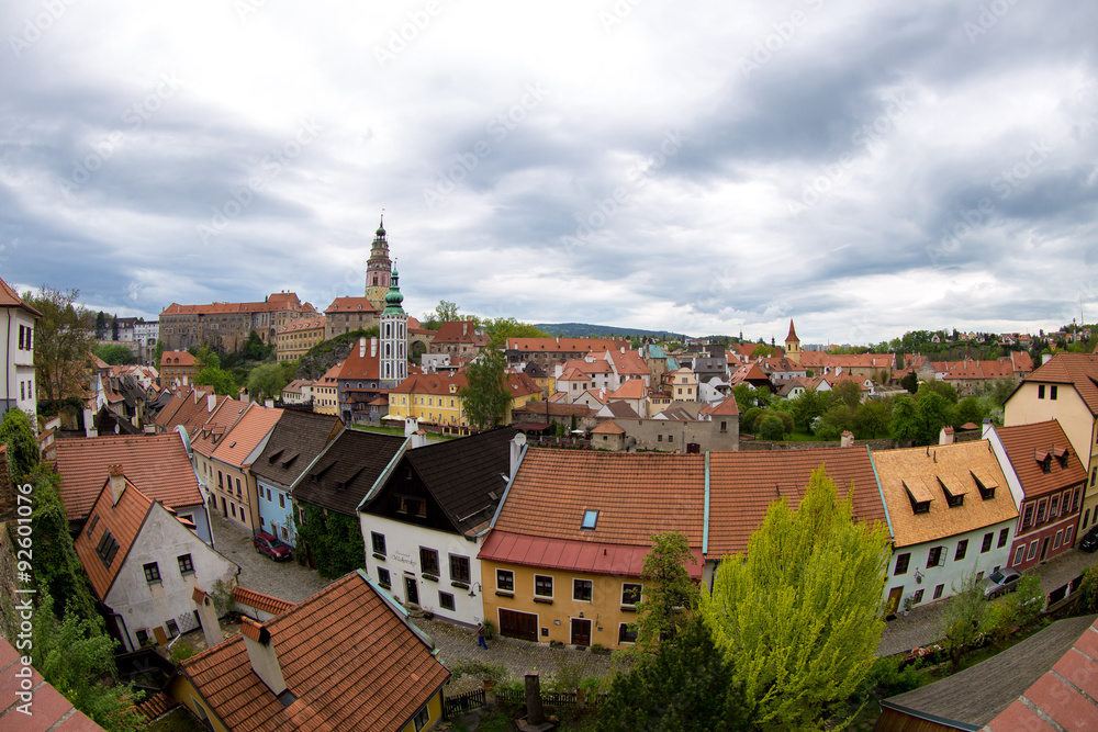 Aerial view of old Town of Cesky Krumlov, Czech Republic Panorama