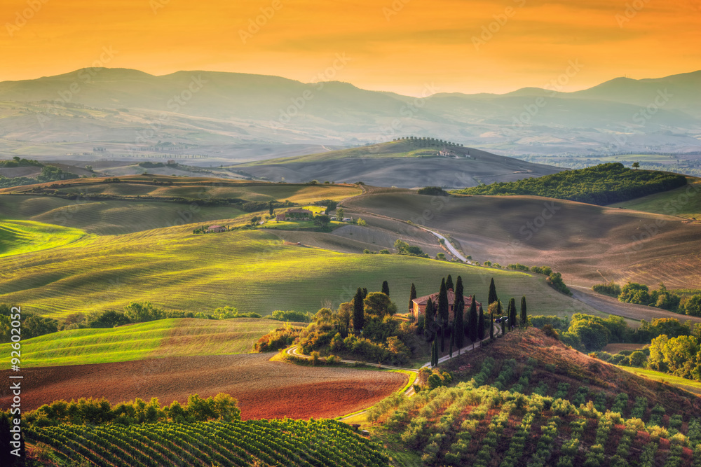 Naklejka premium Krajobraz Toskanii o wschodzie słońca. Toskański dom wiejski, winnica, wzgórza.