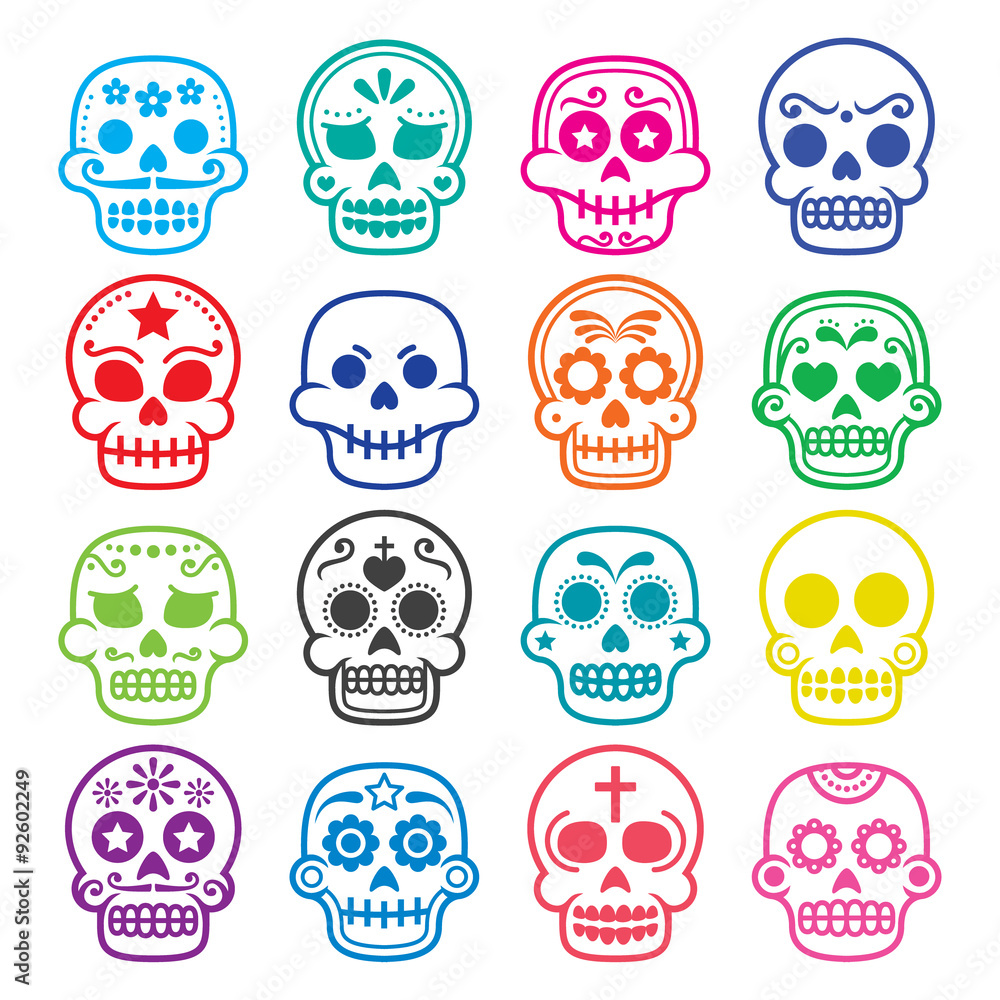 Halloween, Mexican sugar skull, Dia de los Muertos - cartoon icons Halloween, Mexican sugar skull, Dia de los Muertos - cartoon icons