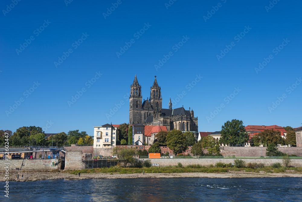 Old Cathedral and river Elba in Magdeburg, Autumn