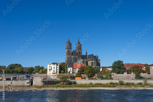 Old Cathedral and river Elba in Magdeburg  Autumn