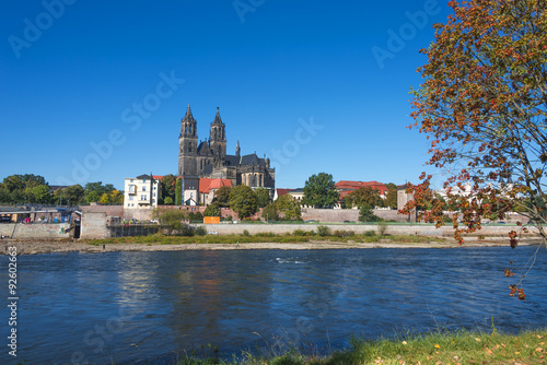 Old Cathedral and river Elba in Magdeburg, Autumn