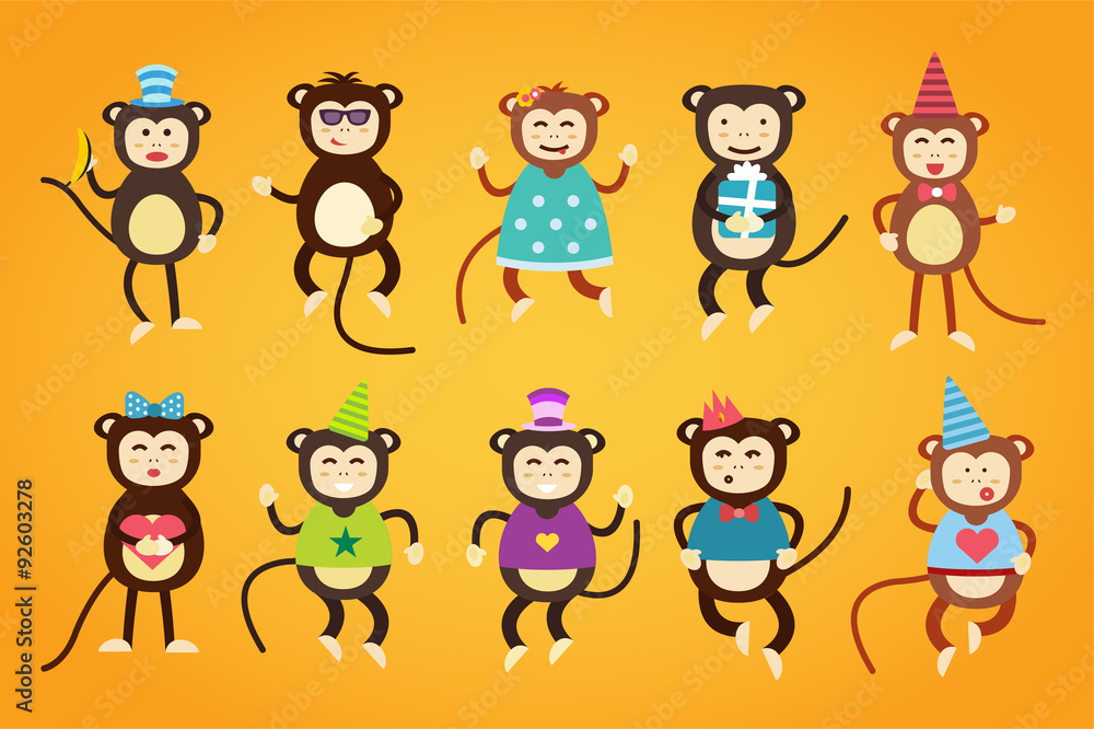 Happy cartoon vector monkey dancing party birthday background