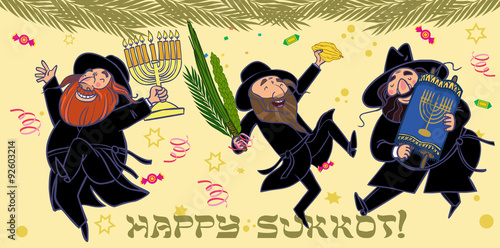 Funny cartoon jewish men dancing wiht ritual plants for Sukkot.