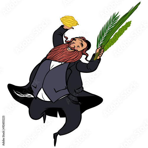 Funny cartoon jewish man dancing wiht ritual plants for Sukkot.