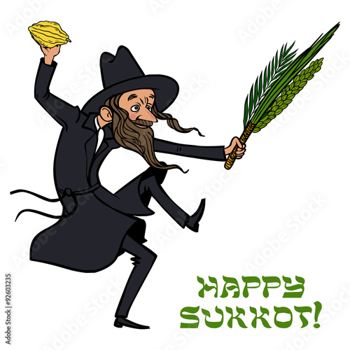 Funny cartoon jewish man dancing wiht ritual plants for Sukkot.