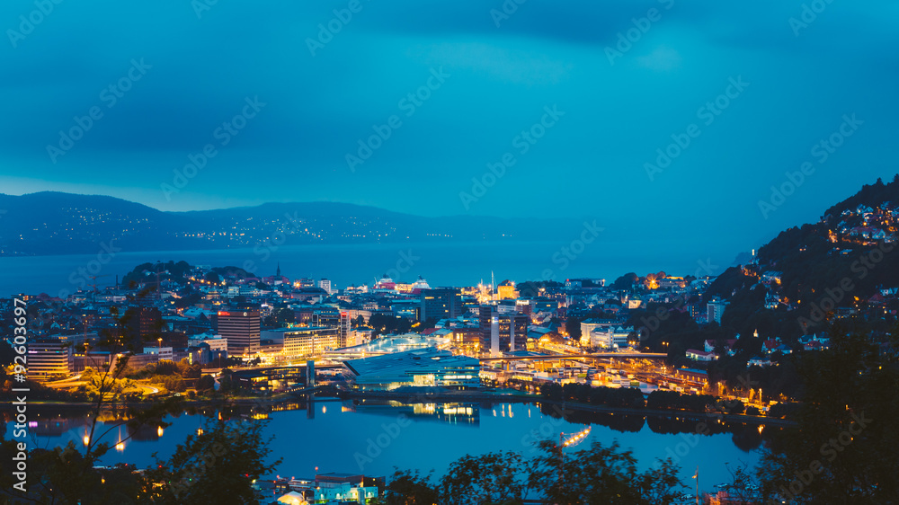 View Cityscape of Bergen and harbor from mountain top, Norway