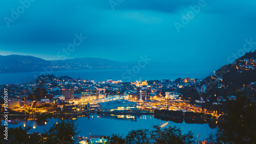 View Cityscape of Bergen and harbor from mountain top, Norway © Grigory Bruev