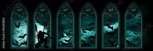 Obraz na płótnie Halloween banner with bats, a fallen angel or a vampire, windows and the moon