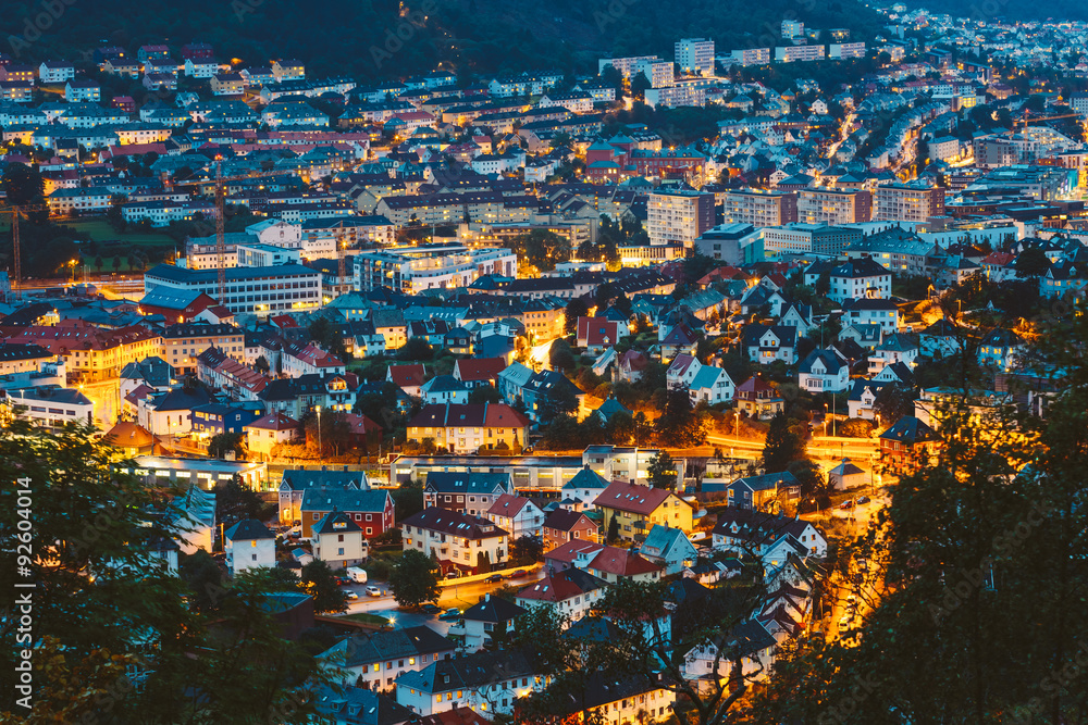 Cityscape of Bergen and harbor from mountain top, Norway